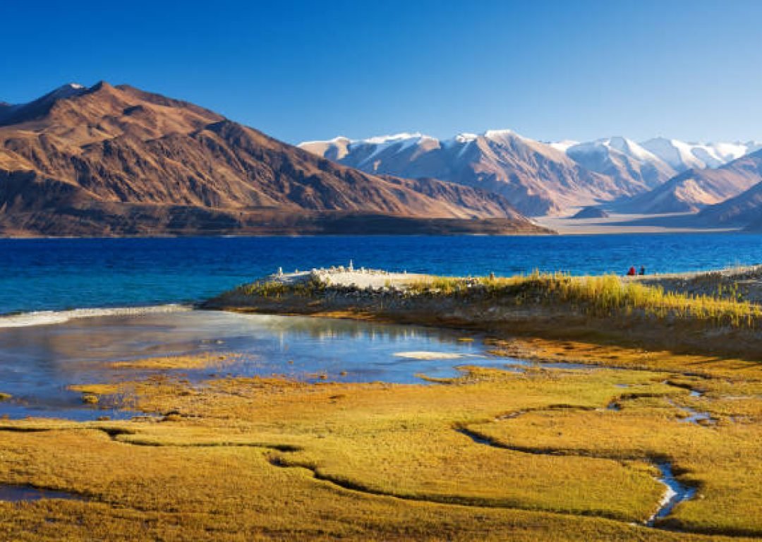 Wide ankle view of Pangong lake in morning.